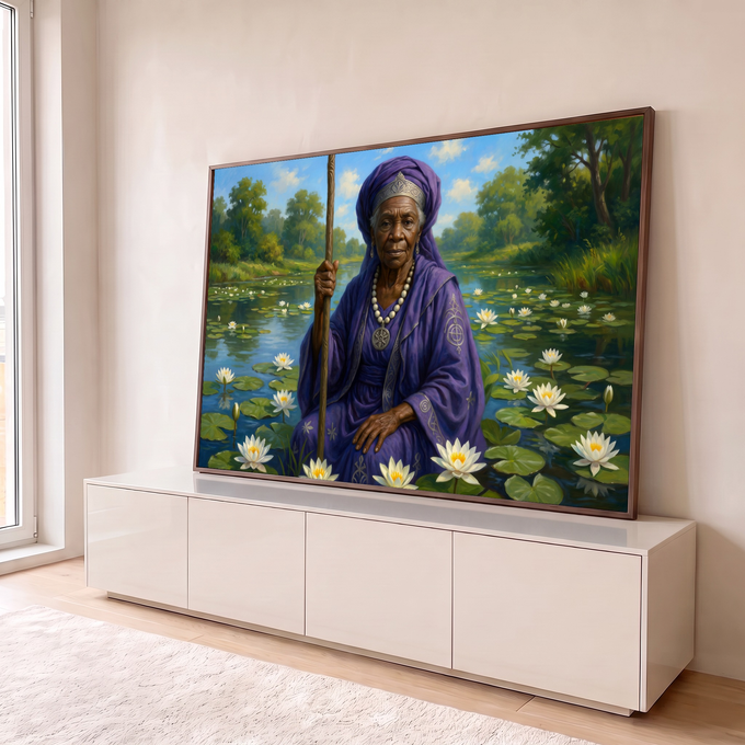Orixá Nanã idosa de manto roxo e cajado sentada em lago de ninfeias brancas, quadro decorativo