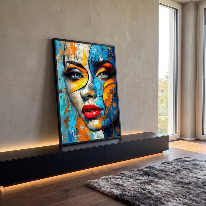 Rosto de mulher com textura craquelada em azul e laranja, olhos azuis e batom vermelho, quadro decorativo