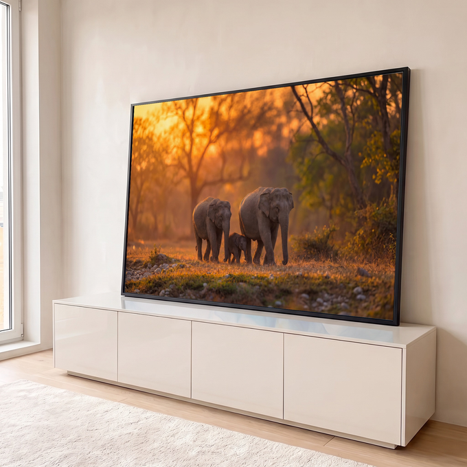 Família de elefantes com filhote caminhando na floresta ao pôr do sol alaranjado, quadro decorativo