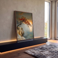 Quadro Decorativo Grande Árvore com Frutos para Sala Laranja | quadros decorativos para sala | árvore com frutos vermelhos inclinada sobre penhasco com pôr do sol ao fundo | em Quadros para Sala | Porao dos Quadros