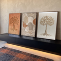 Quadro Decorativo Kit 3 Telas Árvore da Vida para Sala | quadros decorativos para sala | três telas com árvores em relevo dourado e branco e abstrato em tons terracota | em Quadros para Sala | Porao dos Quadros