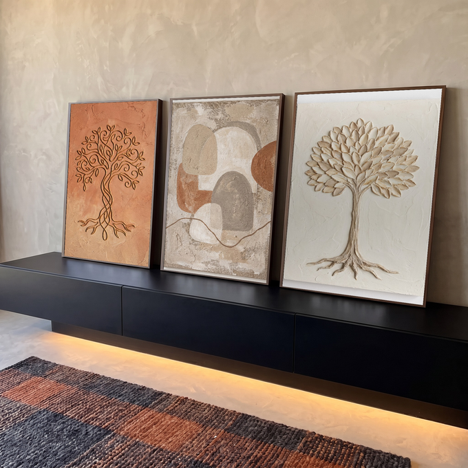 Quadro Decorativo Kit 3 Telas Árvore da Vida para Sala | quadros decorativos para sala | três telas com árvores em relevo dourado e branco e abstrato em tons terracota | em Quadros para Sala | Porao dos Quadros