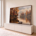 Quadro Decorativo Grande Paisagem de Outono Lago para Sala | quadros decorativos para sala | paisagem de outono com lago calmo, barco de madeira e árvores douradas e avermelhadas | em Quadros para Sala | Porao dos Quadros