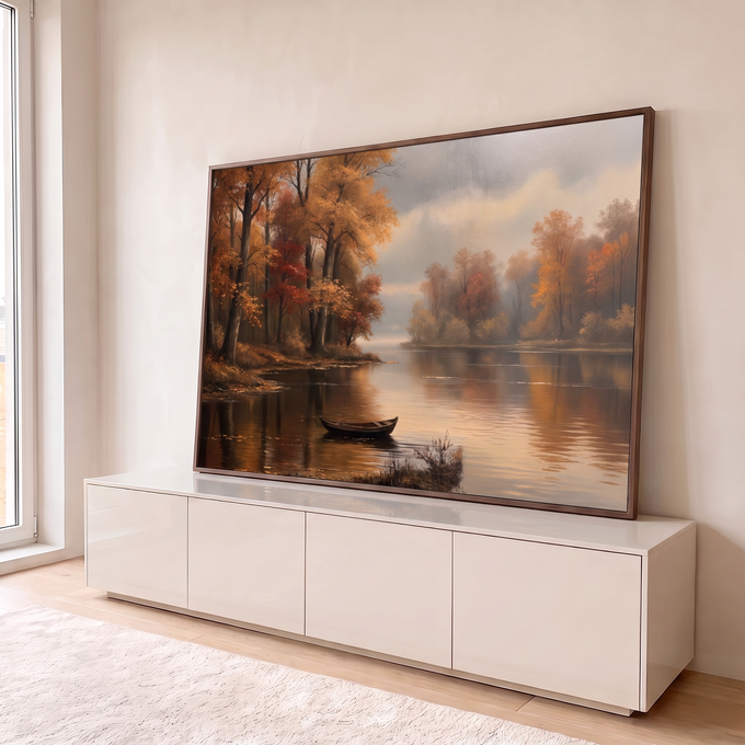 Quadro Decorativo Grande Paisagem de Outono Lago para Sala | quadros decorativos para sala | paisagem de outono com lago calmo, barco de madeira e árvores douradas e avermelhadas | em Quadros para Sala | Porao dos Quadros