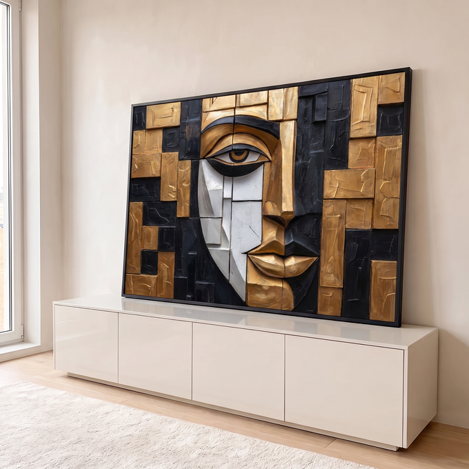 Quadro Decorativo Grande Rosto Cubista para Sala Dourado | quadros decorativos para sala | rosto cubista geométrico em blocos dourados, pretos e brancos com textura de pincelada | em Quadros para Sala | Porao dos Quadros