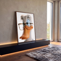 Pato branco em 3D com óculos grandes, olhos azuis e bico laranja sobre fundo branco, quadro decorativo