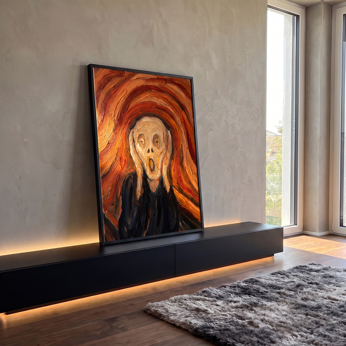 Quadro Decorativo Grande Grito de Edvard para Sala Laranja | quadros decorativos para sala | figura gritando em pinceladas texturizadas de laranja, vermelho e marrom | em Quadros para Sala | Porao dos Quadros