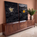Quadro Decorativo Grande Lírio e Narciso para Sala Preto | quadros decorativos para sala | lírio branco e narciso amarelo entre pedras vulcânicas em preto e branco com toque de cor | em Quadros para Sala | Porao dos Quadros