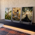 Quadro Decorativo Kit 3 Telas Jesus em Oração para Sala | quadros decorativos para sala | homem em manto branco ajoelhado em oração entre florestas com raios de sol | em Quadros para Sala | Porao dos Quadros