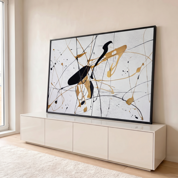 Quadro Decorativo Grande Abstrato e Dourado para Sala Preto | quadros decorativos para sala | abstrato com linhas e respingos pretos e dourados sobre fundo branco texturizado | em Quadros para Sala | Porao dos Quadros