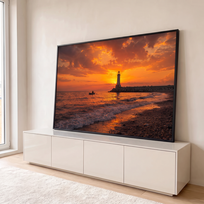 Quadro Decorativo Grande Farol ao Pôr do Sol Mar para Sala | quadros decorativos para sala | farol branco contra céu laranja intenso com barco solitário e praia de pedras | em Quadros para Sala | Porao dos Quadros