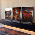 Quadro Decorativo Kit 3 Telas Cavalo Branco para Sala | quadros decorativos para sala | cavalo branco correndo, arco de pedra com sol e montanha vermelha nevada | em Quadros para Sala | Porao dos Quadros