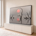 Quadro Decorativo Grande Garças Brancas para Sala Cinza | quadros decorativos para sala | três garças brancas em galho seco sobre lago enevoado com sol rosa ao fundo | em Quadros para Sala | Porao dos Quadros