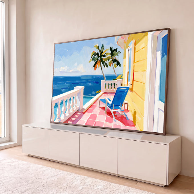 Pintura de varanda tropical frente ao mar azul com palmeiras, cadeira azul e piso rosa, quadro decorativo