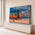Quadro Decorativo Grande Casa de Praia para Sala Azul | quadros decorativos para sala | parede de praia com tinta descascada azul e laranja, porta turquesa com coração e gato na soleira | em Quadros para Sala | Porao dos Quadros