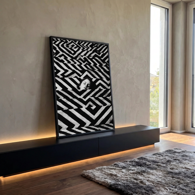 Rosto de olhos fechados surgindo entre degraus com padrão zigue-zague preto e branco, quadro decorativo