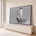 Quadro Decorativo Grande Mulher em Barco para Sala Branco | quadros decorativos para sala | mulher de sobretudo branco guiando ave estilizada em barco xadrez | em Quadros para Sala | Porao dos Quadros