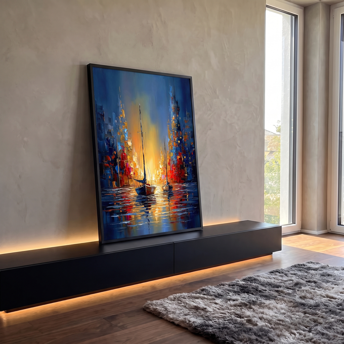 Dois veleiros em canal azul com reflexos vermelhos e luz dourada entre prédios abstratos, quadro decorativo