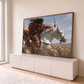 Quadro Decorativo Guerreira Arqueira em Cavalo Branco | quadros decorativos para sala | mulher arqueira de traje vermelho puxando arco montada em cavalo branco na estepe | em Quadros para Sala | Porao dos Quadros