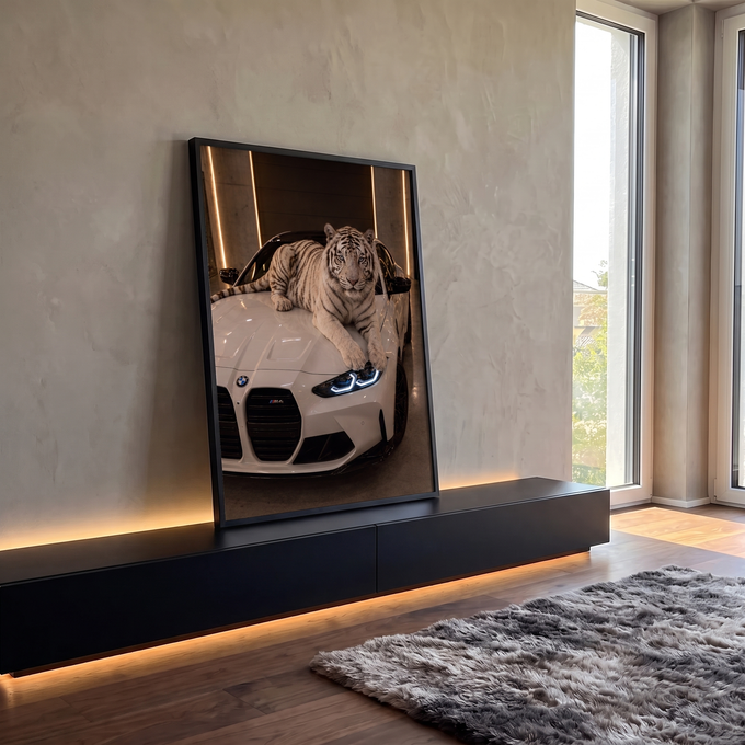 Tigre branco de olhos azuis deitado no capô de carro esportivo branco com faróis acesos, quadro decorativo