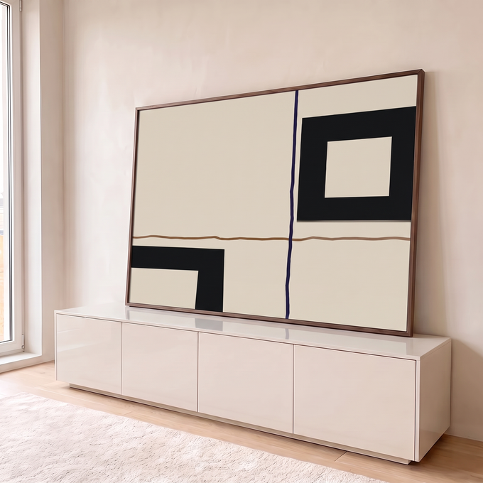 Quadro Decorativo Grande Abstrato Geométrico Bege para Sala | quadros decorativos para sala | composição abstrata com quadrados pretos vazados e linhas onduladas sobre fundo bege | Porao dos Quadros
