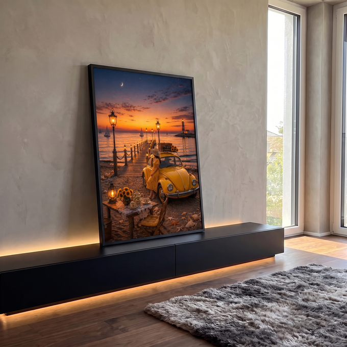 Fusca amarelo vintage na praia ao pôr do sol com mulher, farol, cais iluminado e girassóis, quadro decorativo