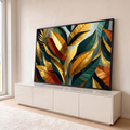 Folhas tropicais estilizadas em dourado, verde-escuro e terracota com nervuras marcadas, quadro decorativo