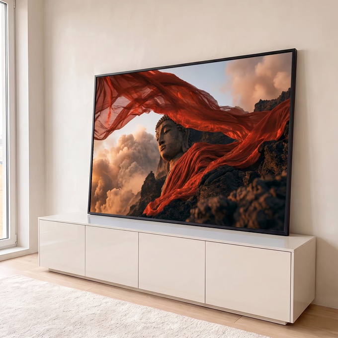 Quadro Decorativo Grande Buda de Pedra para Sala Vermelho | quadros decorativos para sala | estátua de Buda em pedra com véu vermelho esvoaçante sobre montanhas e nuvens | em Quadros para Sala | Porao dos Quadros