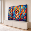 Nossa Senhora abraçando o Menino Jesus, com auréola dourada e flores estilizadas em azul e vermelho, quadro decorativo