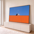 Quadro Decorativo Grande Gato Preto e Gato para Sala Laranja | quadros decorativos para sala | gato preto e gato branco sobre muro laranja com lua crescente no céu azul | em Quadros para Sala | Porao dos Quadros