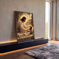 Quadro Decorativo Grande Jesus Curando para Sala Dourado | quadros decorativos para sala | Jesus tocando a testa de uma mulher deitada com pomba branca em luz dourada | em Quadros para Sala | Porao dos Quadros