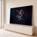 Quadro Decorativo Grande Borboletas Neon Preto para Sala | quadros decorativos para sala | borboletas neon em azul, roxo e laranja com respingos de tinta sobre fundo preto | em Quadros para Sala | Porao dos Quadros