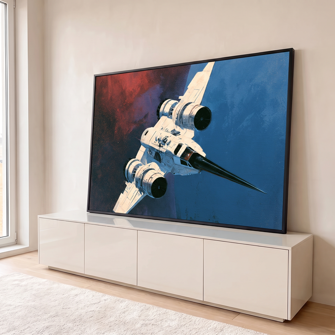 Quadro Decorativo Nave Espacial Branca entre Nebulosa | quadros decorativos para sala | nave espacial branca com asas em delta cruzando nebulosa vermelha e céu azul | em Quadros para Sala | Porao dos Quadros