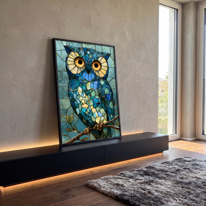 Quadro Decorativo Grande Coruja Mosaico de Vitral para Sala | quadros decorativos para sala | coruja em mosaico de vitral azul e dourado pousada em galho | em Quadros para Sala | Porao dos Quadros