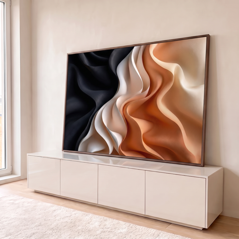 Dobras de seda em preto, branco e pêssego formando ondas fluidas, quadro decorativo