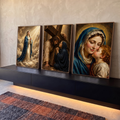 Quadro Decorativo Kit 3 Telas Religioso para Sala Azul | quadros decorativos para sala | tríptico religioso com Nossa Senhora, Jesus carregando a cruz e Madona com menino | em Quadros para Sala | Porao dos Quadros