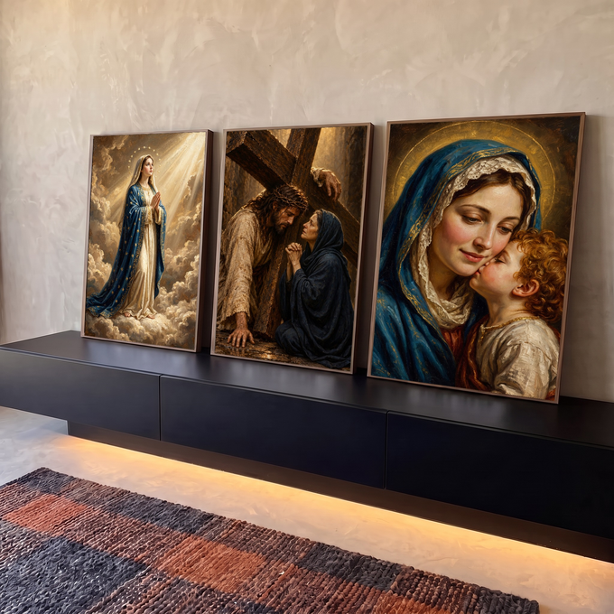 Quadro Decorativo Kit 3 Telas Religioso para Sala Azul | quadros decorativos para sala | tríptico religioso com Nossa Senhora, Jesus carregando a cruz e Madona com menino | em Quadros para Sala | Porao dos Quadros