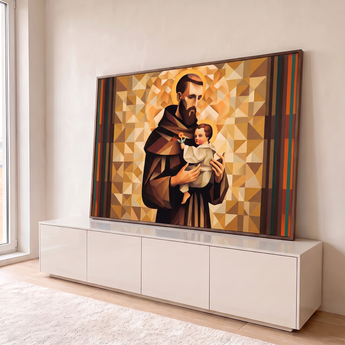 Quadro Decorativo Grande Santo com Criança para Sala Dourado | quadros decorativos para sala | monge com auréola segurando criança sacra em mosaico geométrico dourado e marrom | em Quadros para Sala | Porao dos Quadros
