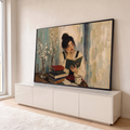 Quadro Decorativo Grande Mulher Lendo Flores para Sala Bege | quadros decorativos para sala | mulher lendo livro cercada de livros empilhados e flores brancas em estilo impressionista | em Quadros para Sala | Porao dos Quadros