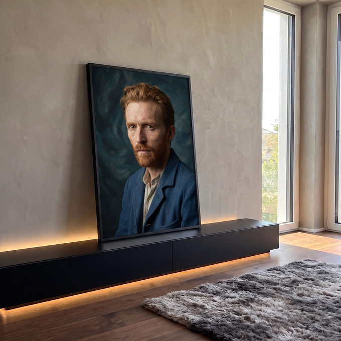 Quadro Decorativo Grande Retrato de Homem para Sala Azul | quadros decorativos para sala | retrato de homem ruivo de barba cheia com jaqueta azul e fundo espiralado escuro | em Quadros para Sala | Porao dos Quadros