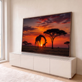 Quadro Decorativo Grande Girafas em Silhueta para Sala | quadros decorativos para sala | silhuetas de girafa adulta e filhote contra céu de pôr do sol laranja e vermelho | em Quadros para Sala | Porao dos Quadros
