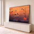 Quadro Decorativo Grande Corvos em Árvore para Sala Laranja | quadros decorativos para sala | corvos em silhueta sobre árvores secas com céu laranja e roxo ao pôr do sol | em Quadros para Sala | Porao dos Quadros