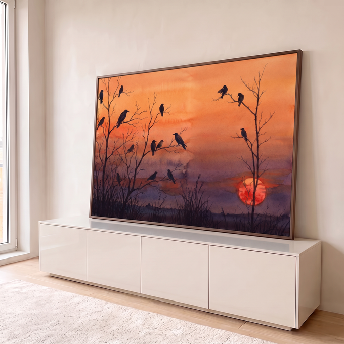 Quadro Decorativo Grande Corvos em Árvore para Sala Laranja | quadros decorativos para sala | corvos em silhueta sobre árvores secas com céu laranja e roxo ao pôr do sol | em Quadros para Sala | Porao dos Quadros