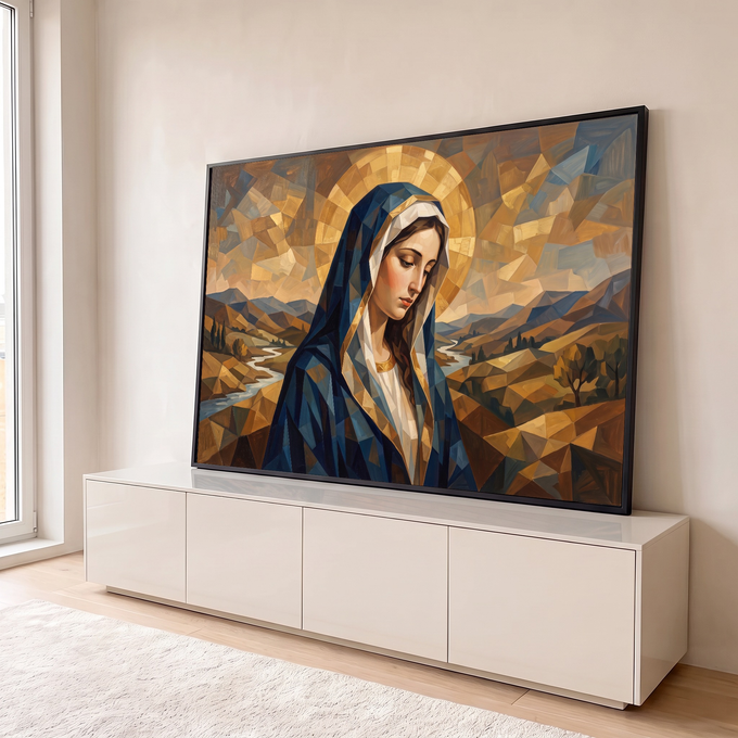 Nossa Senhora cubista de véu azul e auréola dourada sobre vale com rio, quadro decorativo