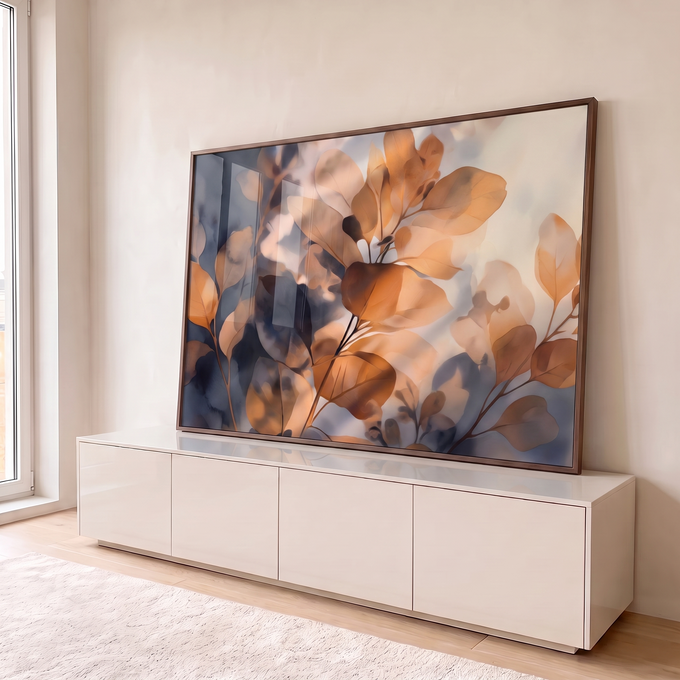 Quadro Decorativo Grande Folhas Outonais para Sala Laranja | quadros decorativos para sala | ramos de folhas em aquarela laranja e cinza com efeito transparente | em Quadros para Sala | Porao dos Quadros