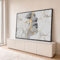 Quadro Decorativo Grande Rosto em Kintsugi para Sala Cinza | quadros decorativos para sala | rosto em perfil fragmentado com rachaduras douradas em traço ilustrativo | em Quadros para Sala | Porao dos Quadros