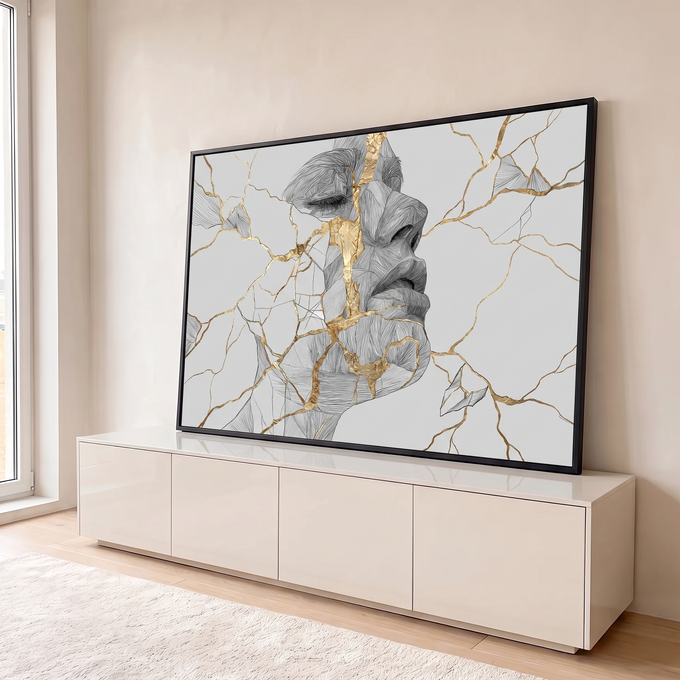 Quadro Decorativo Grande Rosto em Kintsugi para Sala Cinza | quadros decorativos para sala | rosto em perfil fragmentado com rachaduras douradas em traço ilustrativo | em Quadros para Sala | Porao dos Quadros