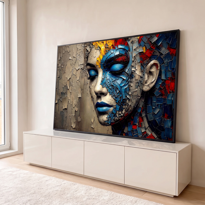 Rosto de mulher de olhos fechados em mosaico azul e vermelho sobre parede craquelada bege, quadro decorativo