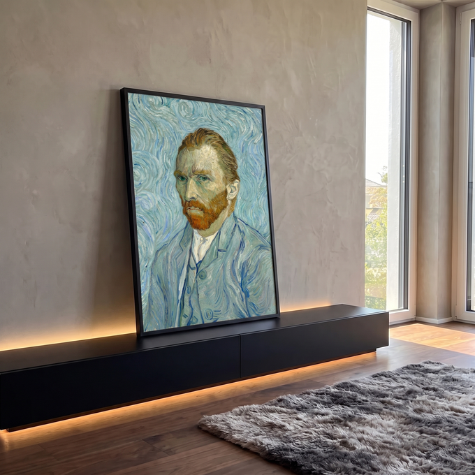 Quadro Decorativo Grande Autorretrato de van para Sala Azul | quadros decorativos para sala | autorretrato de homem com barba ruiva e fundo azul em espirais | em Quadros para Sala | Porao dos Quadros