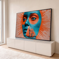 Quadro Decorativo Grande Rosto com Veleiro para Sala Azul | quadros decorativos para sala | rosto em azul-petróleo com veleiro laranja sobreposto na boca e círculo laranja no olho | em Quadros para Sala | Porao dos Quadros